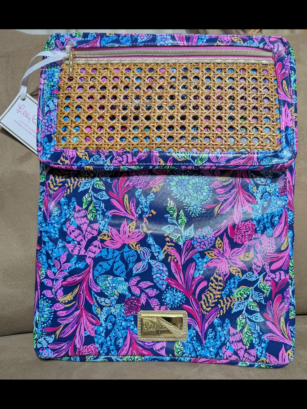 Lilly Pulitzer Navy Floral Laptop Sleeve with Woven Accent